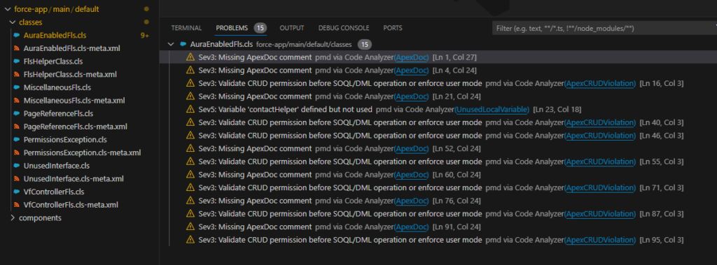 Salesforce Code Analyzer issues display in Problems pane of VS Code.